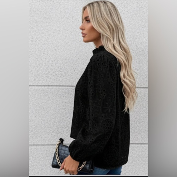 Notched Neckline Lantern Sleeve Eyelet Embroidery Blouse Black - Picture 4 of 10